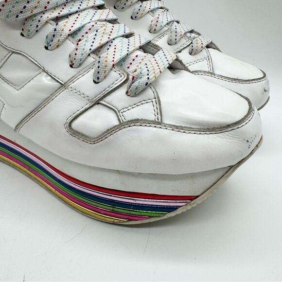 White & Metallic Rainbow Platform Lace Up Sneaker - Festival Pride Colorful Art - Picture 4 of 14